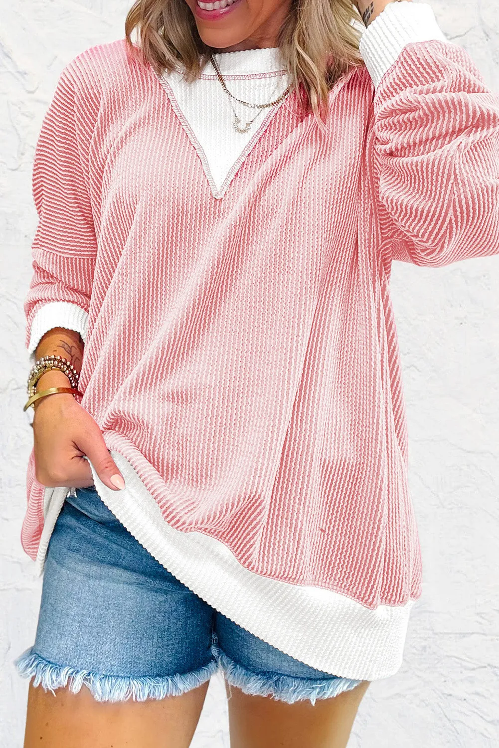 Ribbed Colourblock Drop Shoulder Loose Top – Peach Blossom sold by eAura product image thumbnail 2