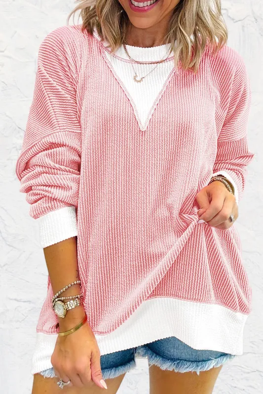 Ribbed Colourblock Drop Shoulder Loose Top – Peach Blossom made by eAura