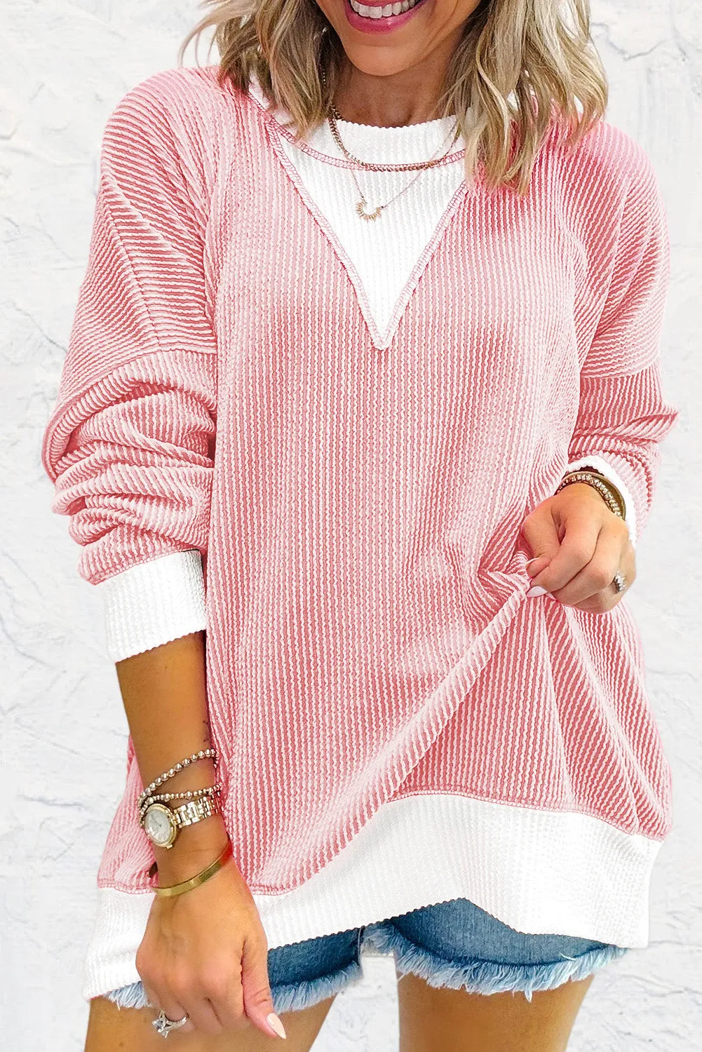 Ribbed Colourblock Drop Shoulder Loose Top – Peach Blossom sold by eAura