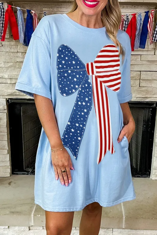 Big Bow Stitched T-Shirt Shift Mini Dress – Blue made by eAura