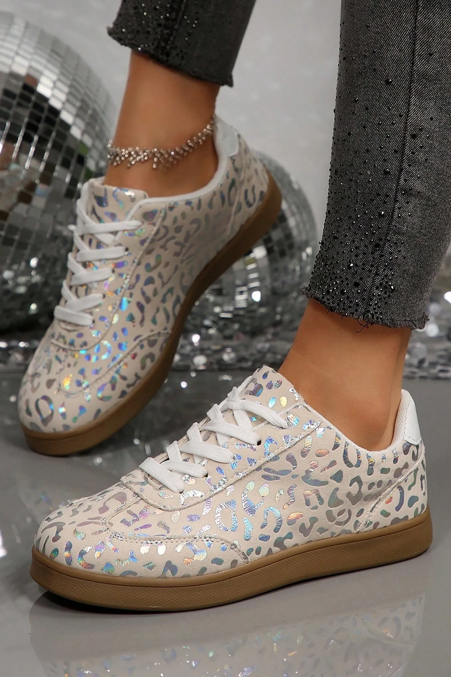 Leopard Print Lace-Up Trainers – White sold by eAura