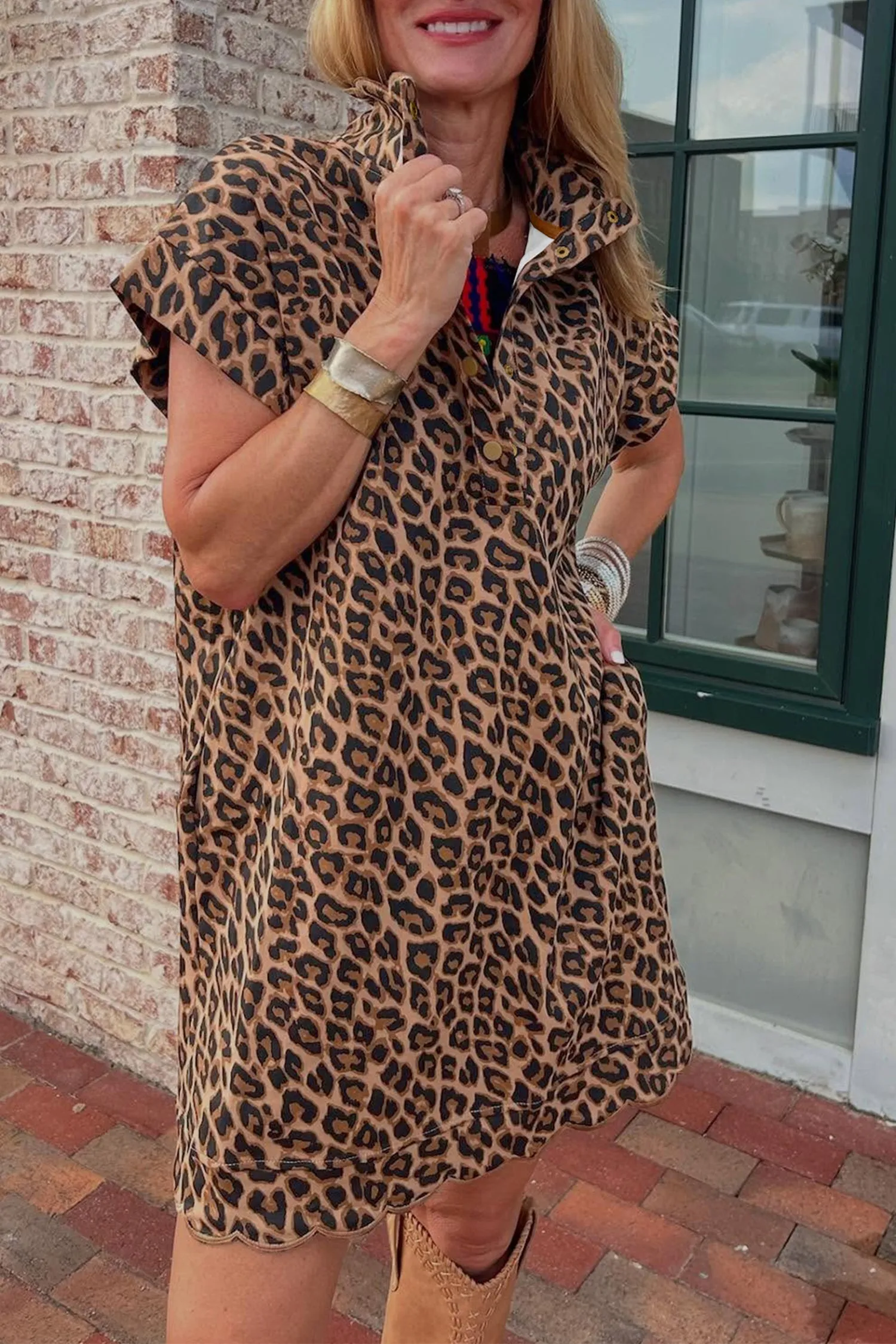 Buttoned Collar Short Sleeve Leopard Shift Dress with Pockets sold by eAura