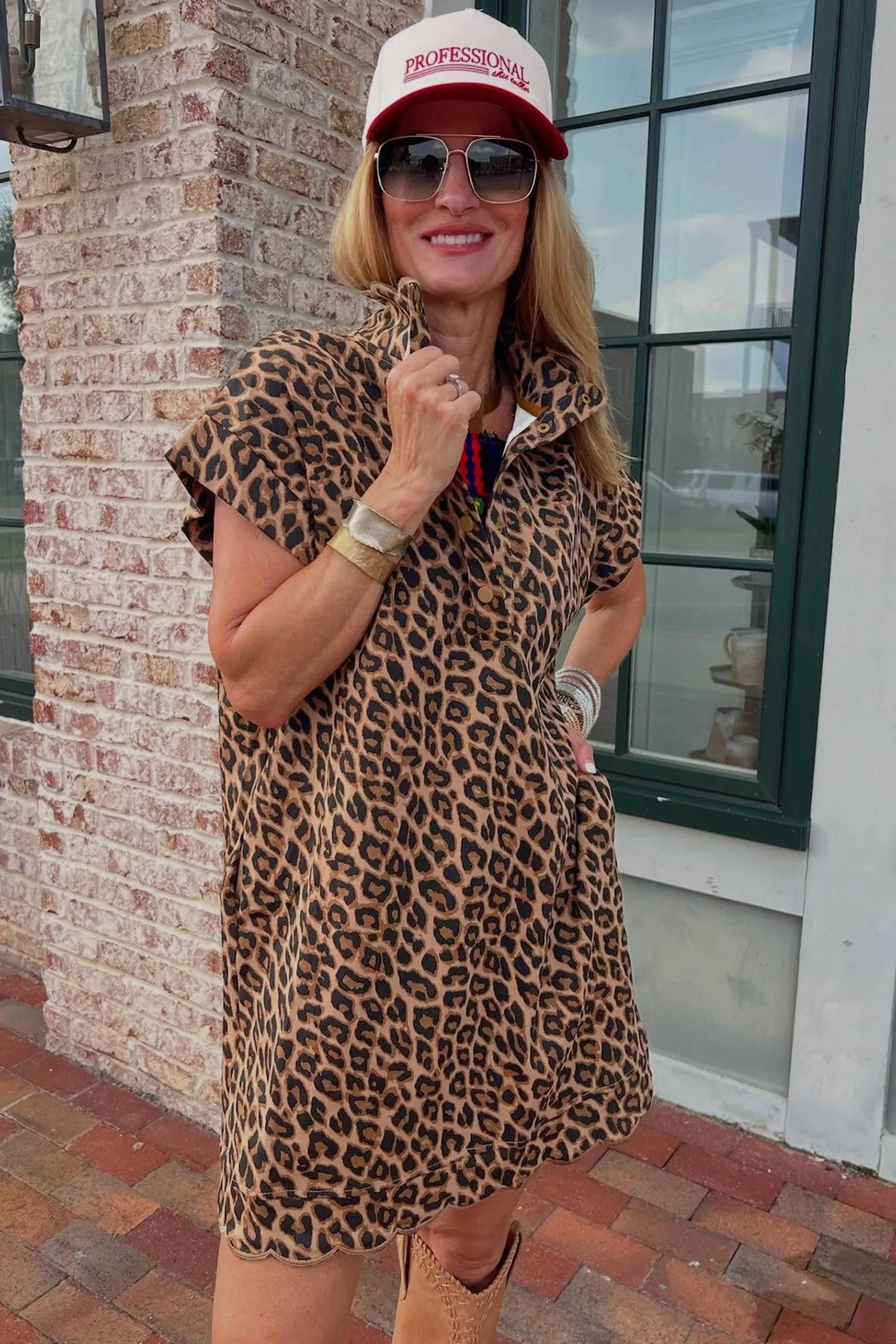Buttoned Collar Short Sleeve Leopard Shift Dress with Pockets sold by eAura product image thumbnail 4