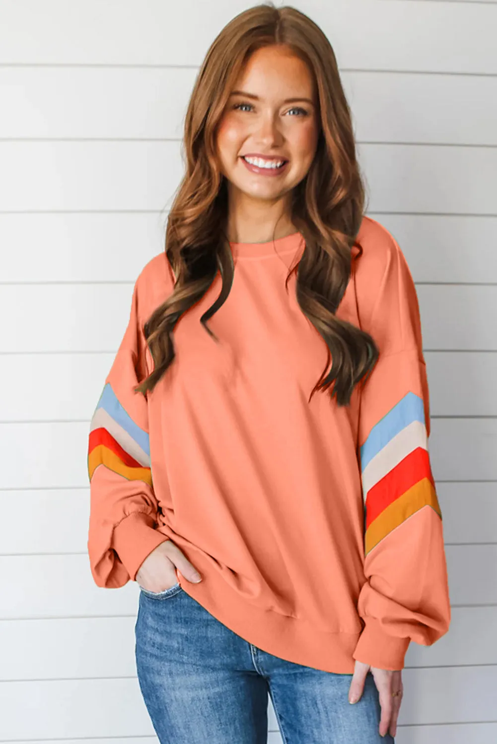 Rainbow Stripe Sleeve Crew Neck Oversized Sweatshirt – Flamingo sold by eAura product image thumbnail 3