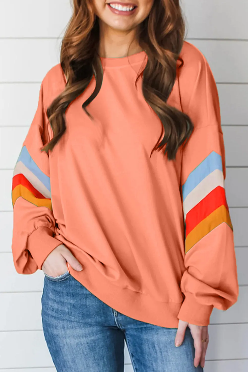 Rainbow Stripe Sleeve Crew Neck Oversized Sweatshirt – Flamingo sold by eAura