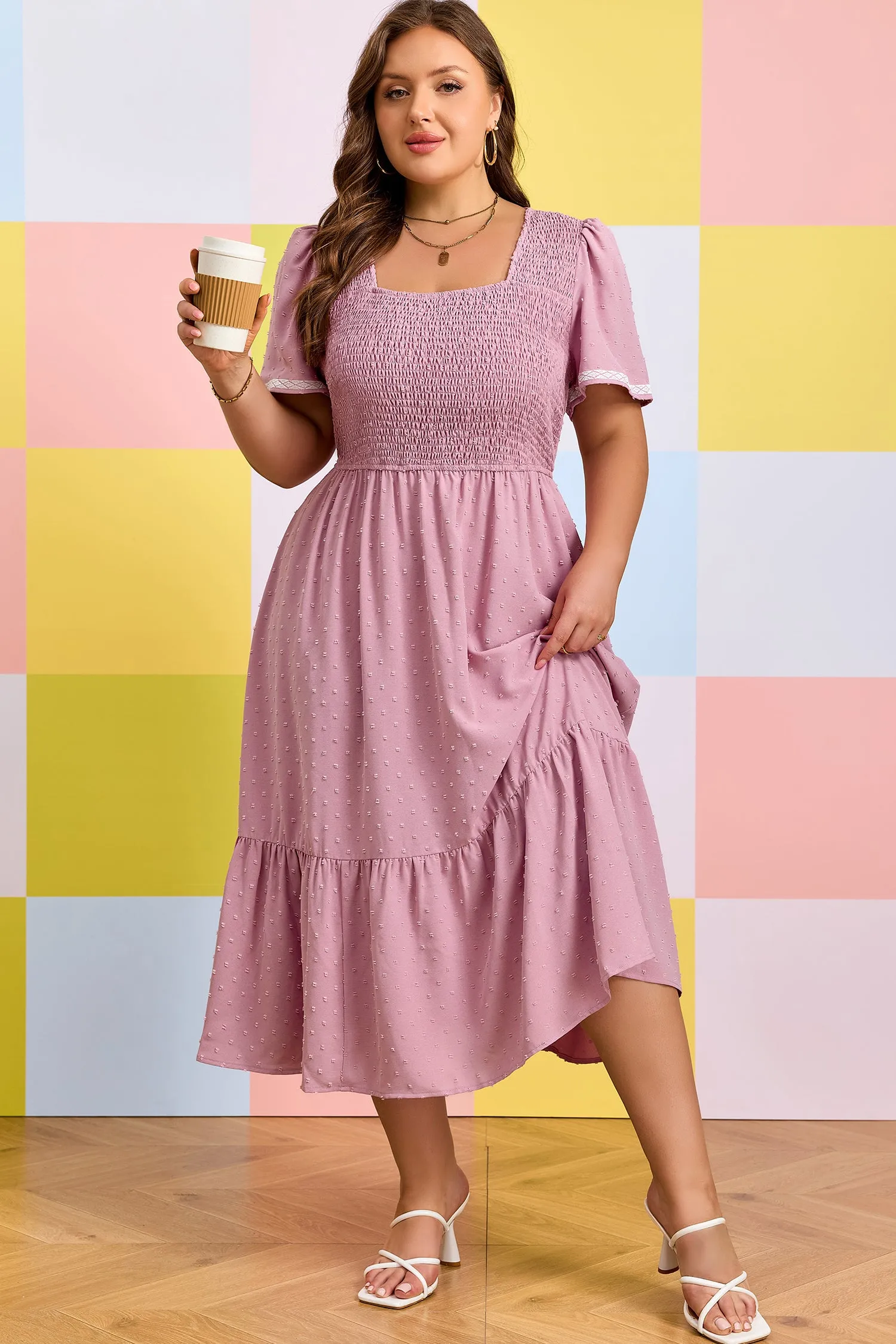 Plus Size Swiss Dot Smocked High Waist Flowy Midi Dress – Pink sold by eAura product image thumbnail 4