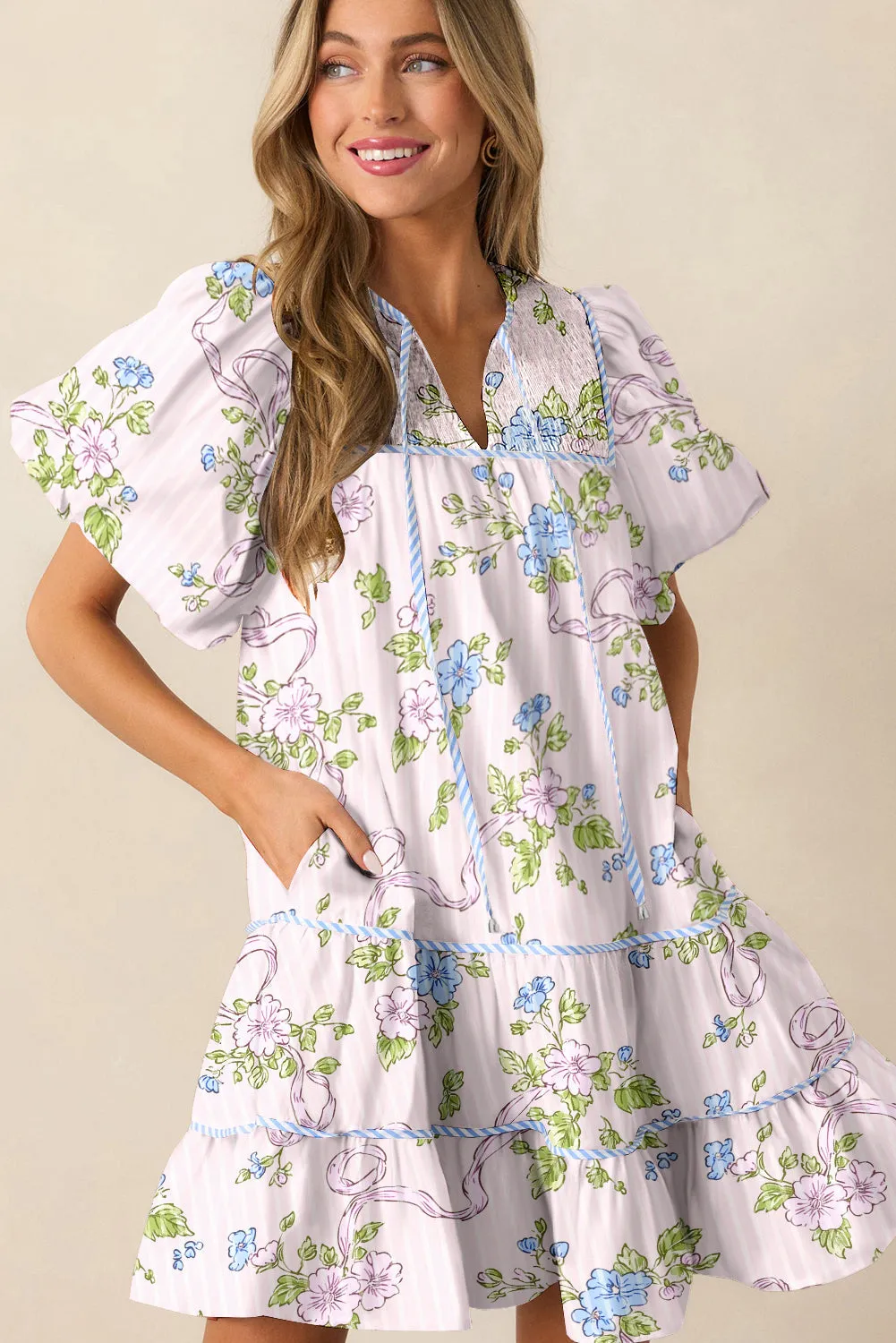 Floral Striped Print Contrast Trim Tie Split Neck Mini Dress sold by eAura product image thumbnail 3