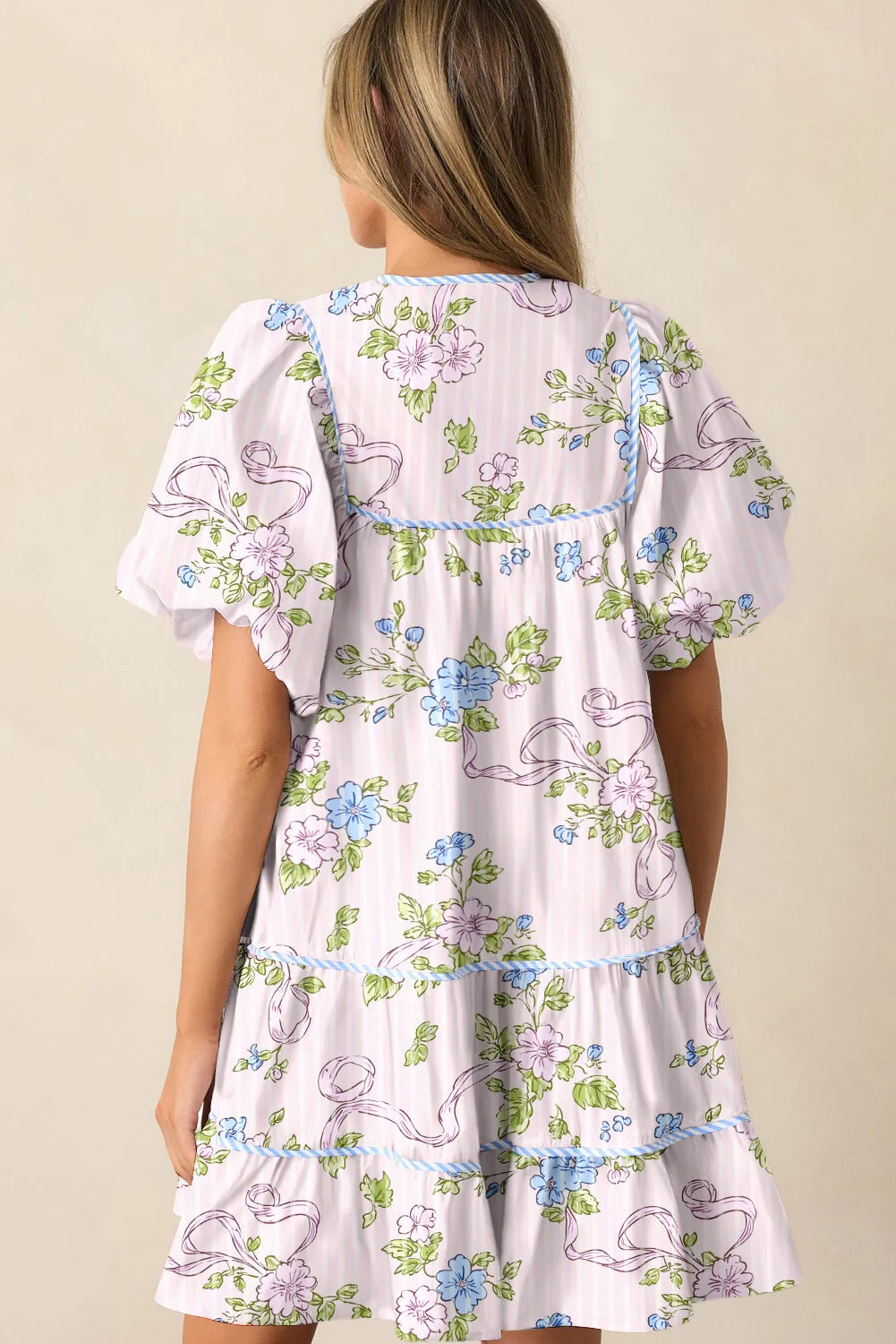 Floral Striped Print Contrast Trim Tie Split Neck Mini Dress sold by eAura product image thumbnail 2