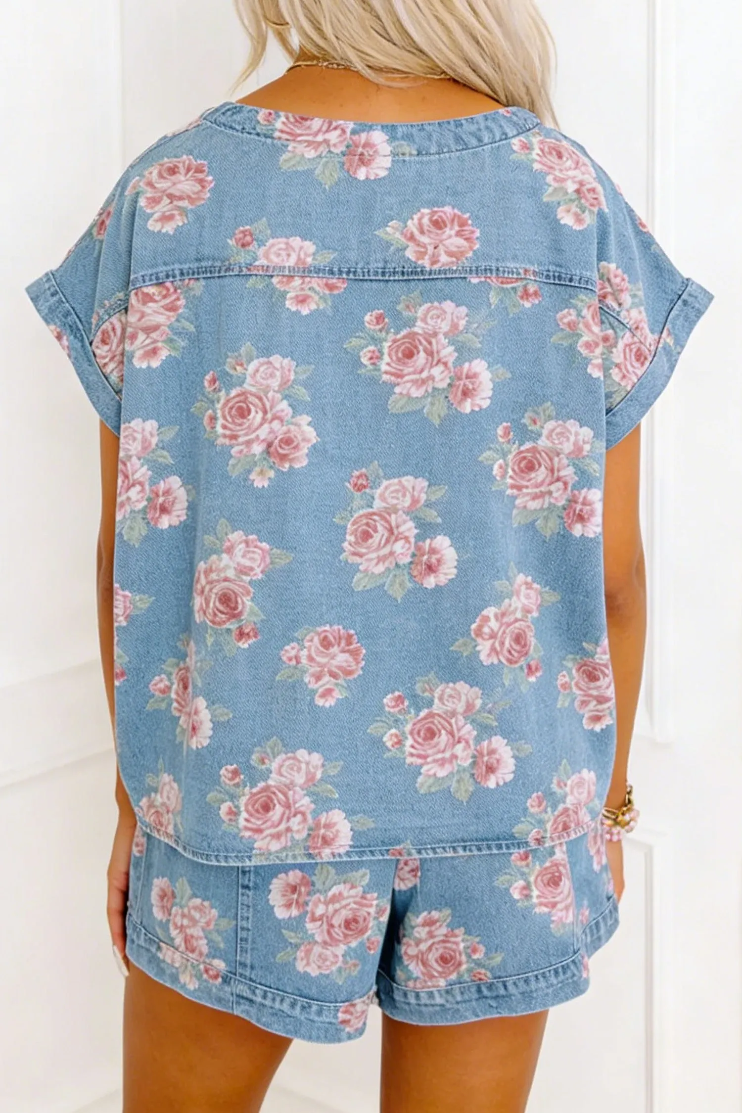 Sky Blue Floral Denim Short Sleeve Top Loose Shorts 2pcs Set – Light Blue sold by eAura product image thumbnail 2