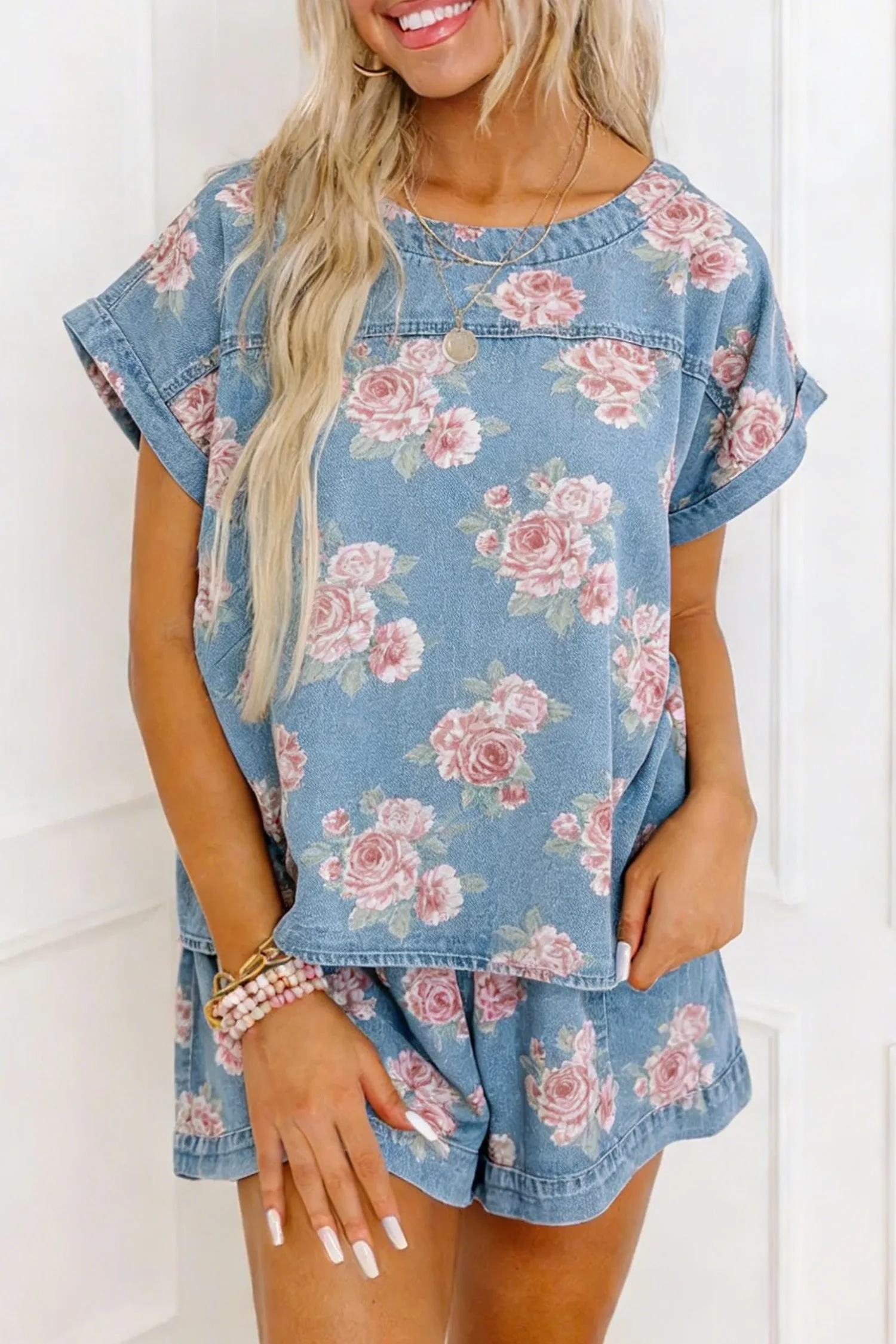 Sky Blue Floral Denim Short Sleeve Top Loose Shorts 2pcs Set – Light Blue sold by eAura