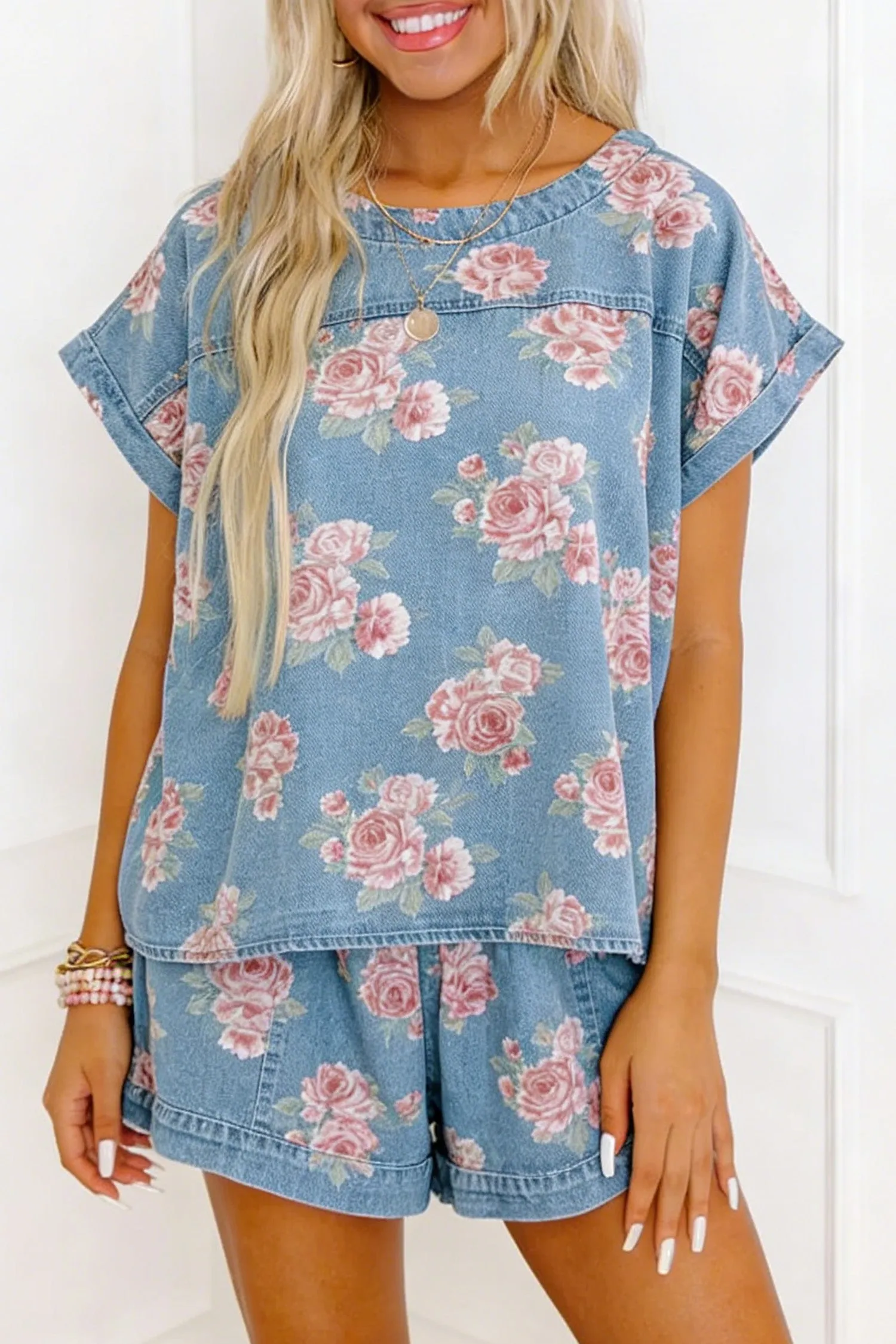 Sky Blue Floral Denim Short Sleeve Top Loose Shorts 2pcs Set – Light Blue sold by eAura product image thumbnail 4