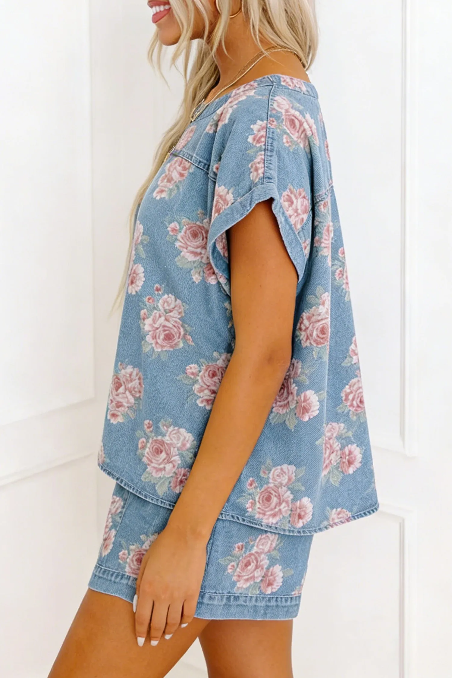 Sky Blue Floral Denim Short Sleeve Top Loose Shorts 2pcs Set – Light Blue sold by eAura product image thumbnail 3