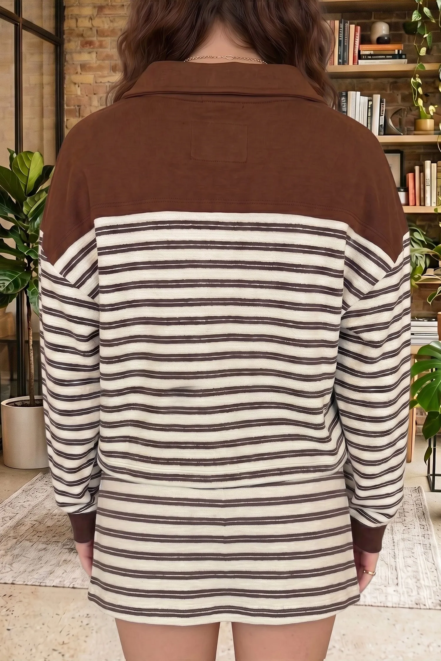 Contrast Trim Button Neck Long Sleeve Top Drawstring Mini Skirt Set – Brown Stripe sold by eAura product image thumbnail 2