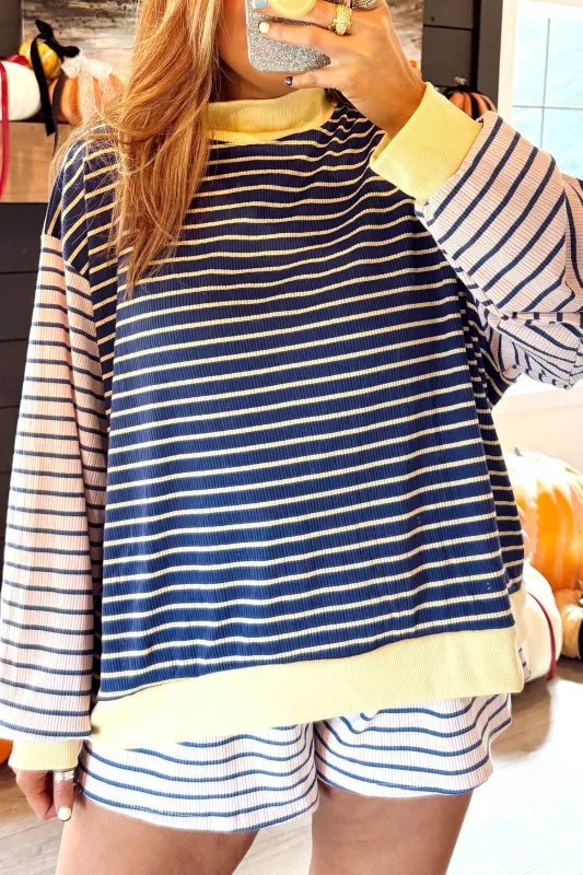 Colour Block Long Sleeve Pullover Ribbed Knit Casual Shorts Set – Blue Stripe made by eAura