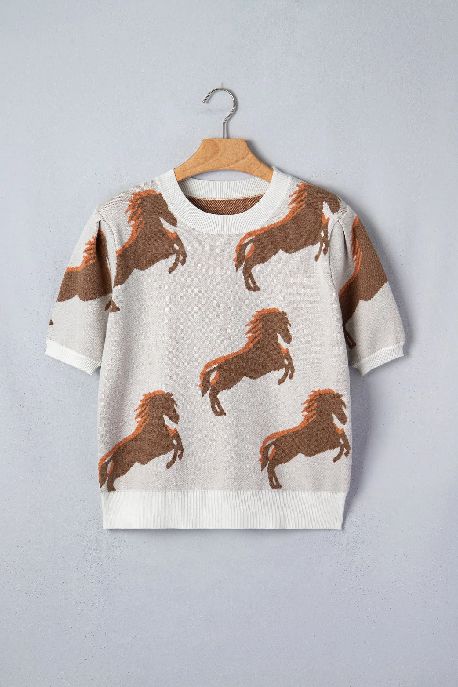 Western Horse Printed Short Puff Sleeve Sweater – White sold by eAura product image thumbnail 4