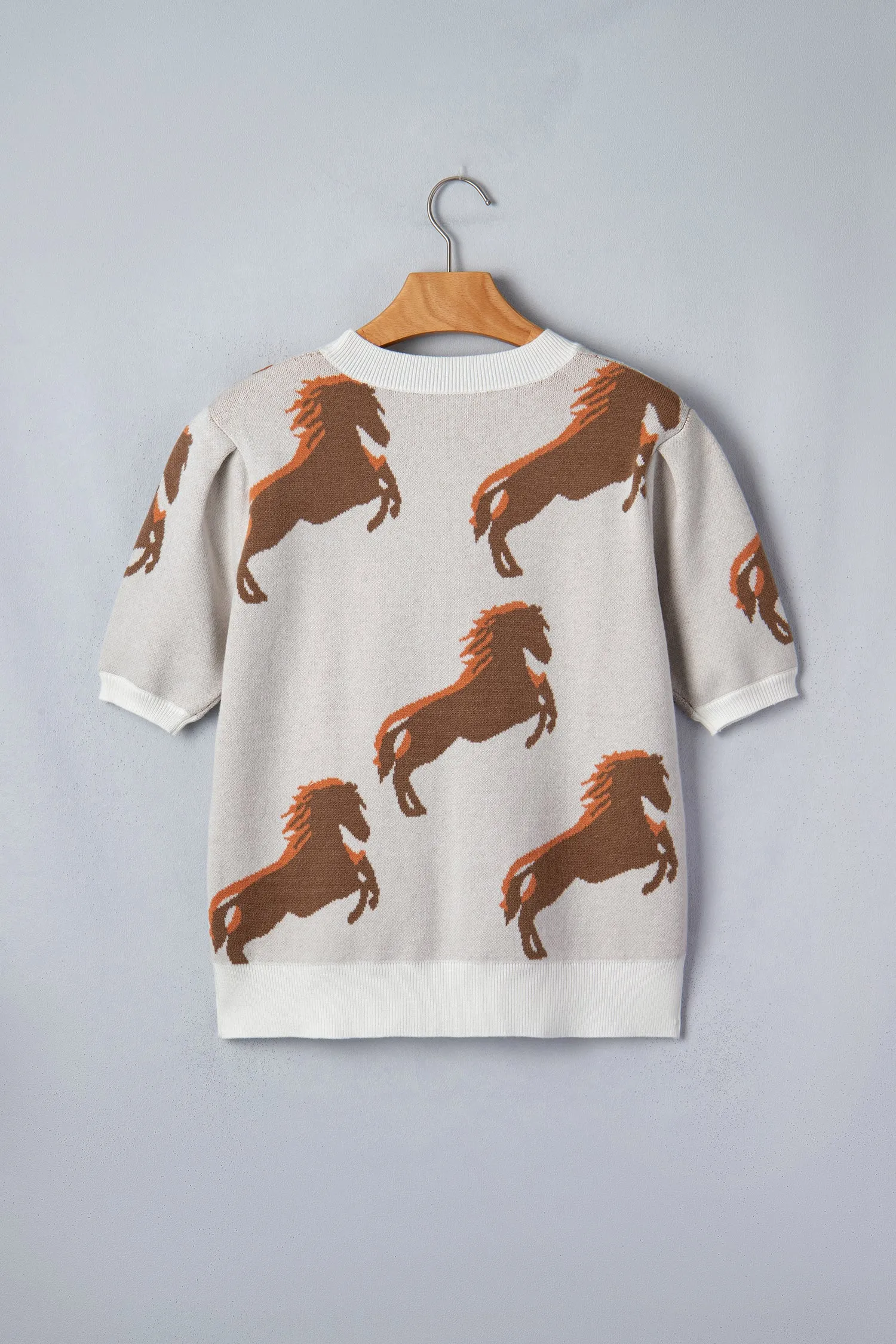 Western Horse Printed Short Puff Sleeve Sweater – White sold by eAura product image thumbnail 5