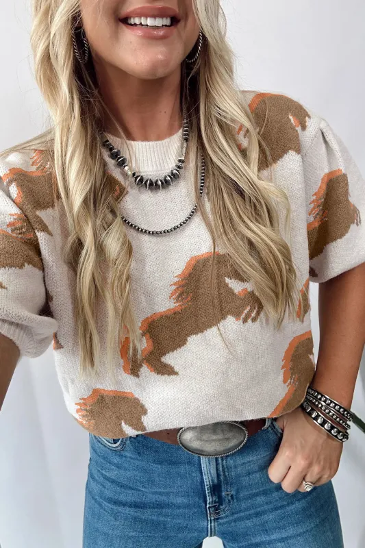Western Horse Printed Short Puff Sleeve Sweater – White made by eAura