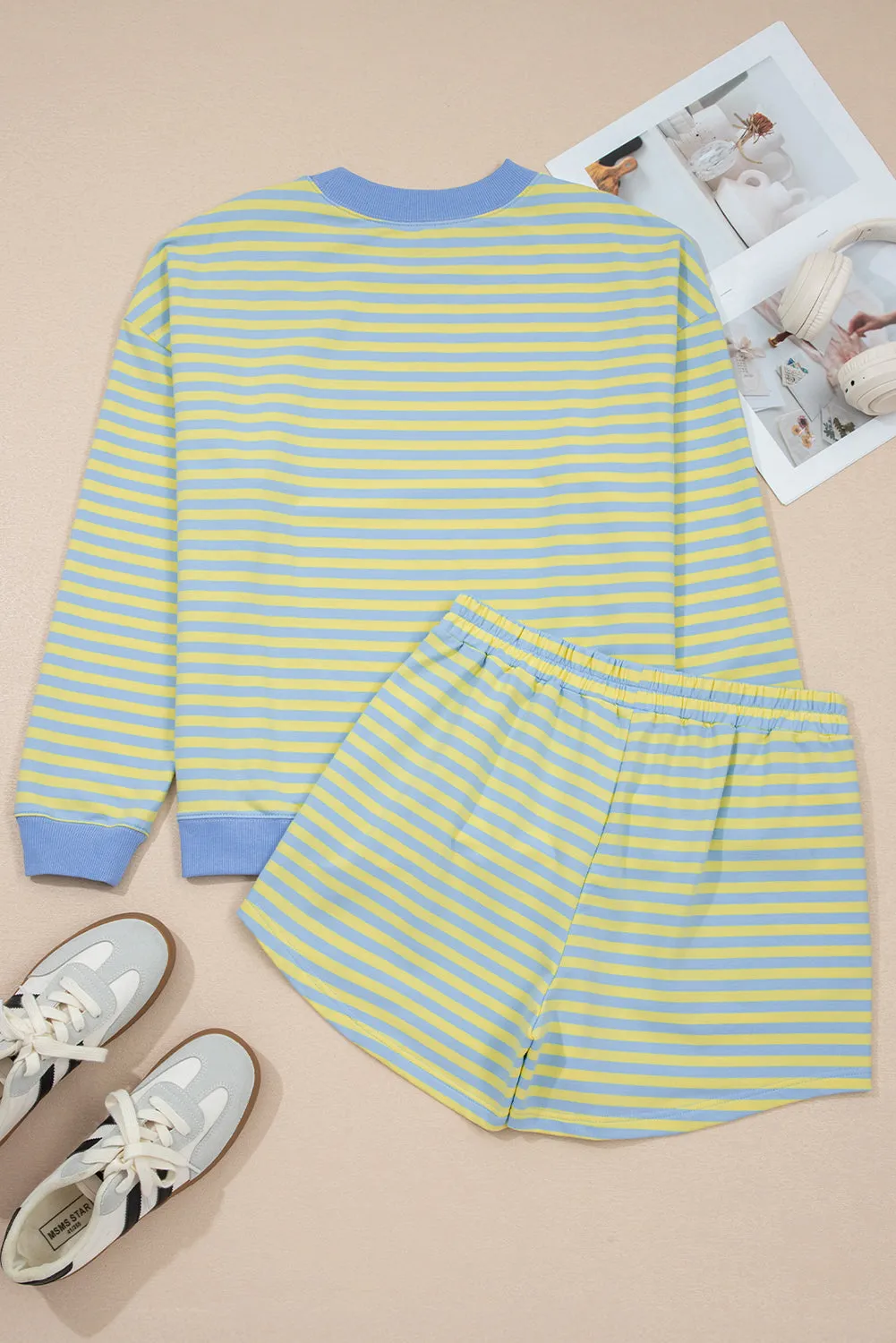 Colour Block Detail Long Sleeve Pullover Elastic Waist Pull On Shorts 2pcs Set – Yellow Stripe sold by eAura product image thumbnail 5