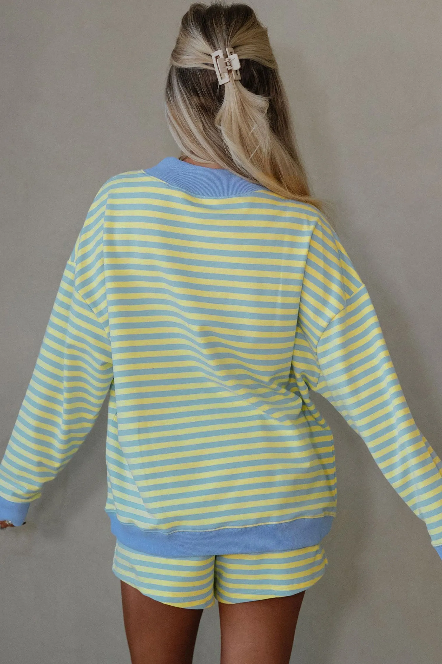 Colour Block Detail Long Sleeve Pullover Elastic Waist Pull On Shorts 2pcs Set – Yellow Stripe sold by eAura product image thumbnail 2
