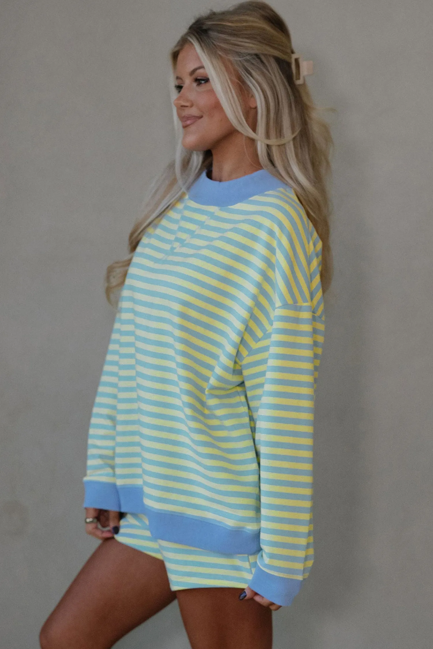 Colour Block Detail Long Sleeve Pullover Elastic Waist Pull On Shorts 2pcs Set – Yellow Stripe sold by eAura product image thumbnail 3