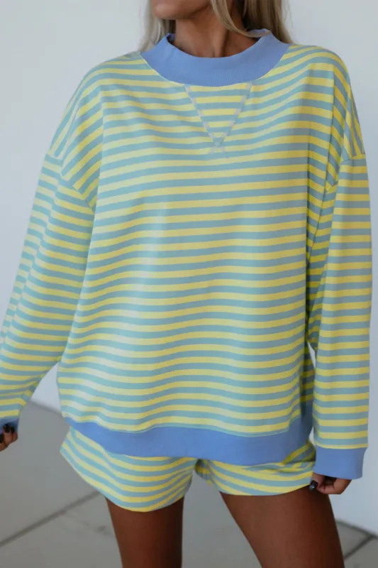 Colour Block Detail Long Sleeve Pullover Elastic Waist Pull On Shorts 2pcs Set – Yellow Stripe made by eAura