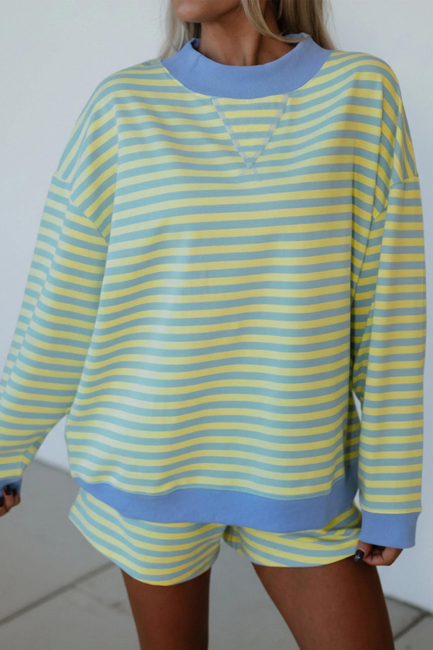 Colour Block Detail Long Sleeve Pullover Elastic Waist Pull On Shorts 2pcs Set – Yellow Stripe sold by eAura