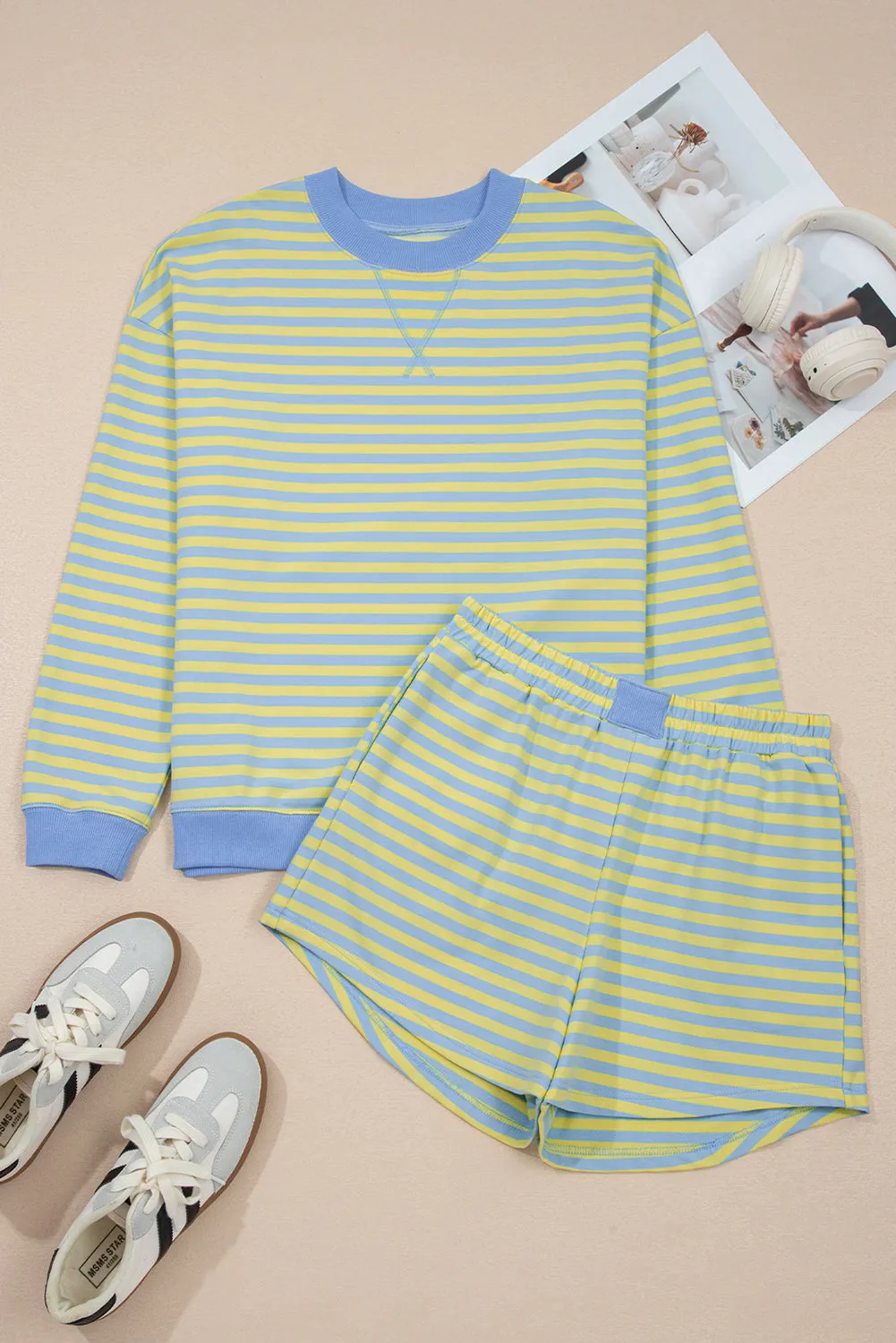 Colour Block Detail Long Sleeve Pullover Elastic Waist Pull On Shorts 2pcs Set – Yellow Stripe sold by eAura product image thumbnail 4