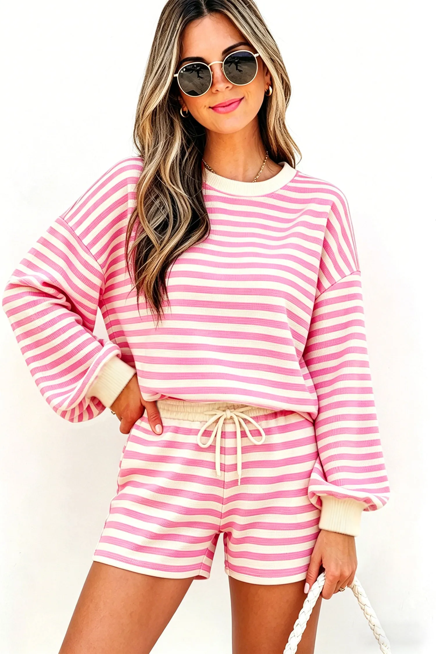 Striped Long Sleeve Crew Neck Drawstring Waist Shorts Set – Pink sold by eAura product image thumbnail 4