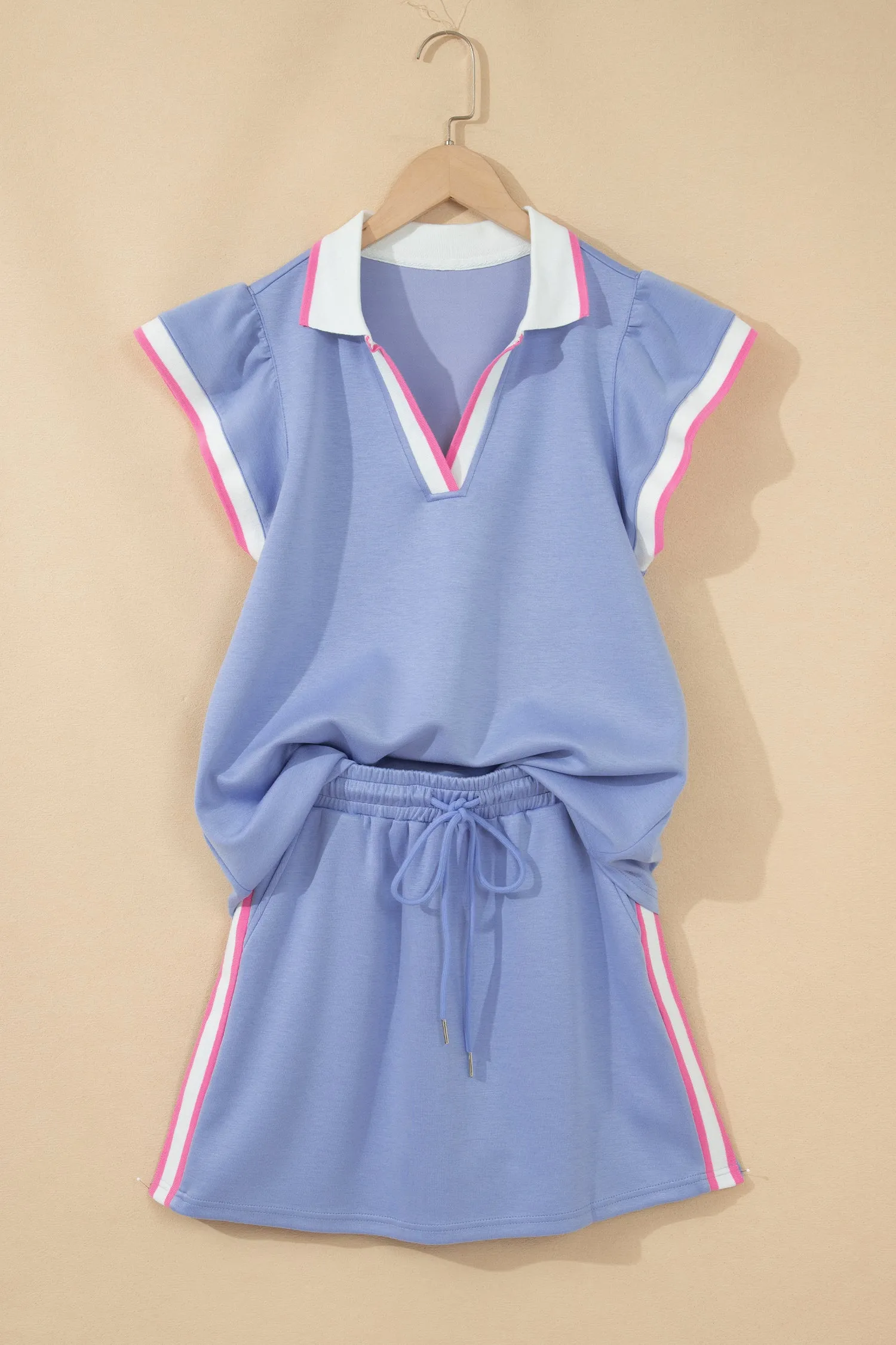Sky Blue Preppy Striped Trim V Neck Polo Tee Drawstring Skort Set – Light Blue sold by eAura product image thumbnail 3