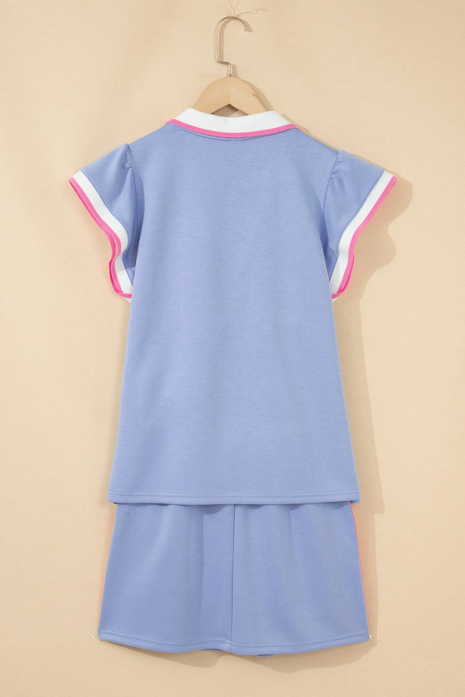 Sky Blue Preppy Striped Trim V Neck Polo Tee Drawstring Skort Set – Light Blue sold by eAura product image thumbnail 4