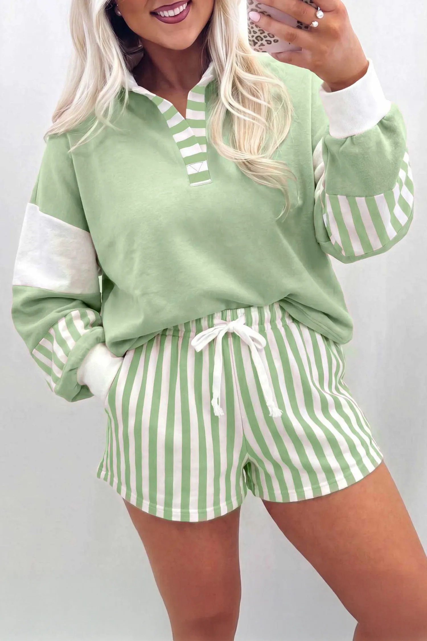 Gossamer Pink Striped Colour Block Pullover Top Drawstring Shorts Set – Light Pink sold by eAura product image thumbnail 4