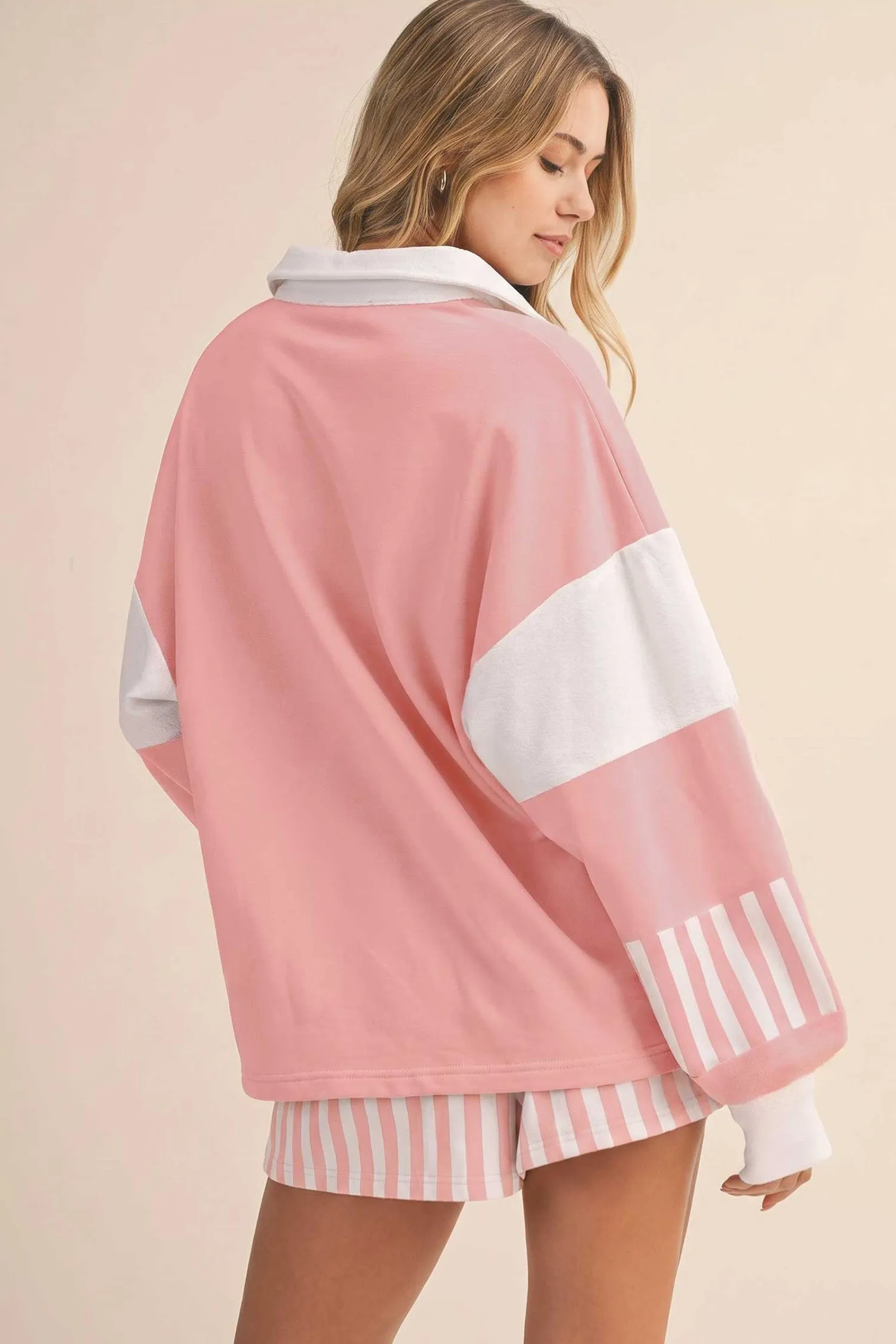 Gossamer Pink Striped Colour Block Pullover Top Drawstring Shorts Set – Light Pink sold by eAura product image thumbnail 2