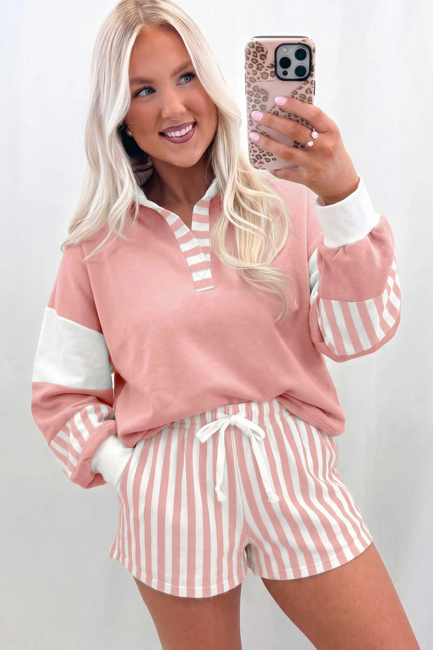Gossamer Pink Striped Colour Block Pullover Top Drawstring Shorts Set – Light Pink sold by eAura product image thumbnail 3