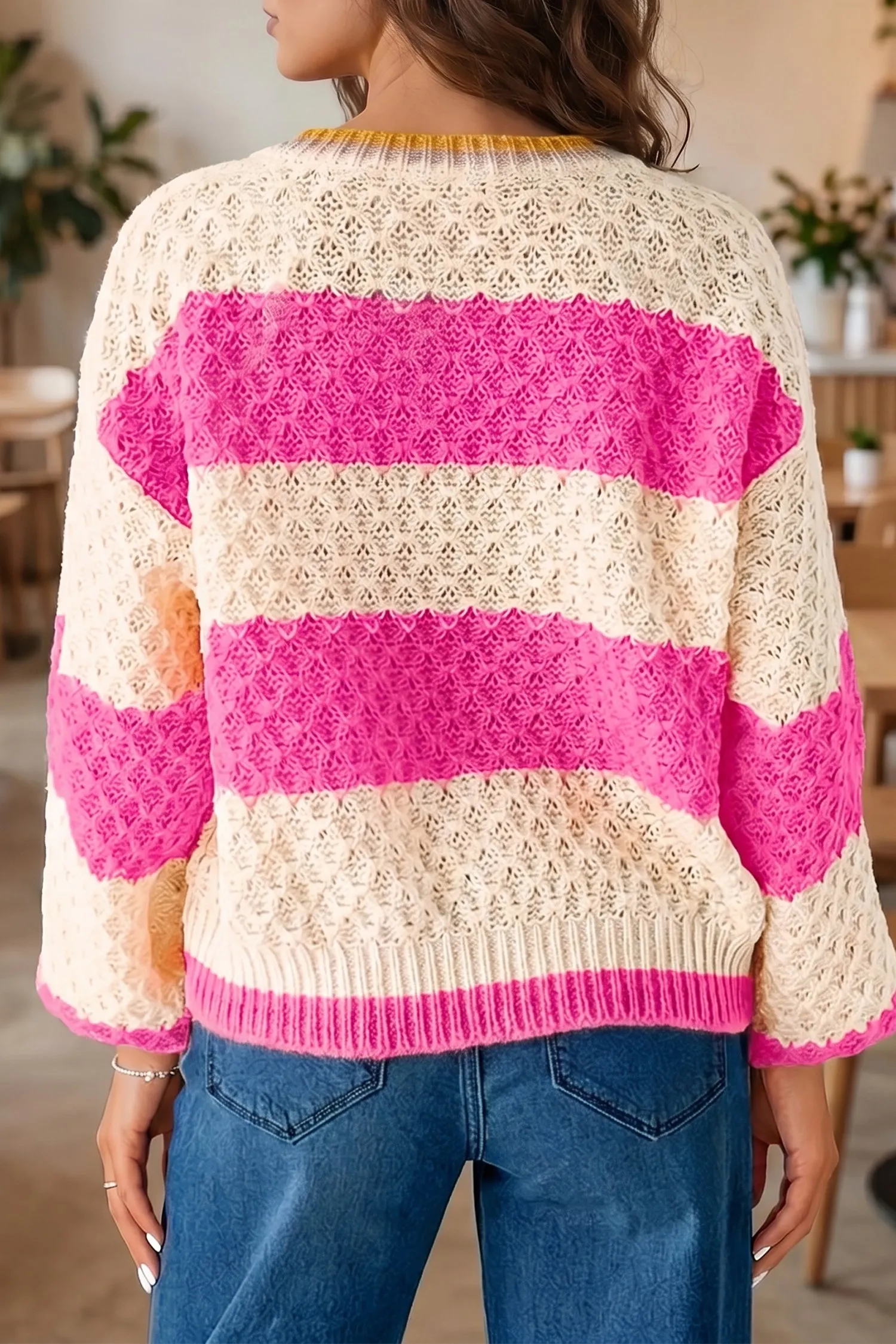 Striped Colourblock Texture Drop Shoulder Sweater – Pink Stripe sold by eAura product image thumbnail 2
