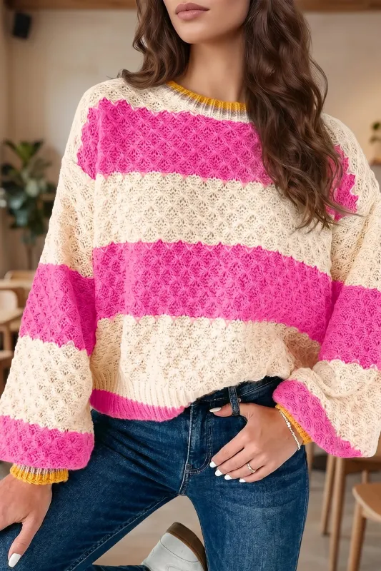 Striped Colourblock Texture Drop Shoulder Sweater – Pink Stripe made by eAura
