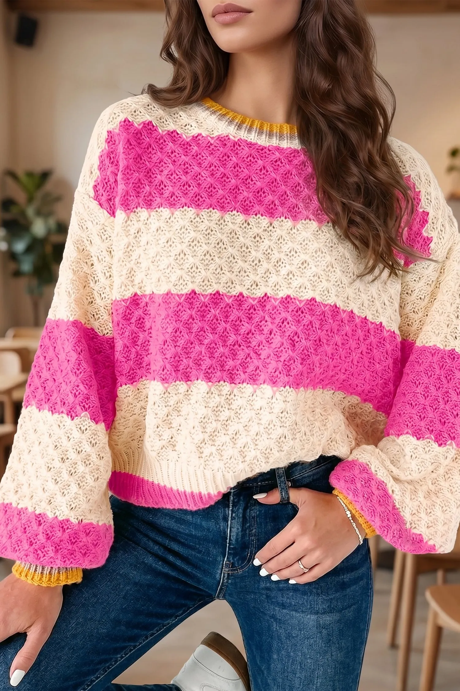 Striped Colourblock Texture Drop Shoulder Sweater – Pink Stripe sold by eAura