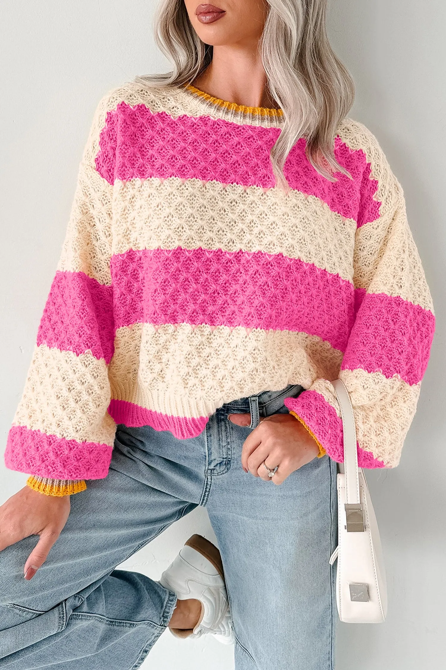Striped Colourblock Texture Drop Shoulder Sweater – Pink Stripe sold by eAura product image thumbnail 3