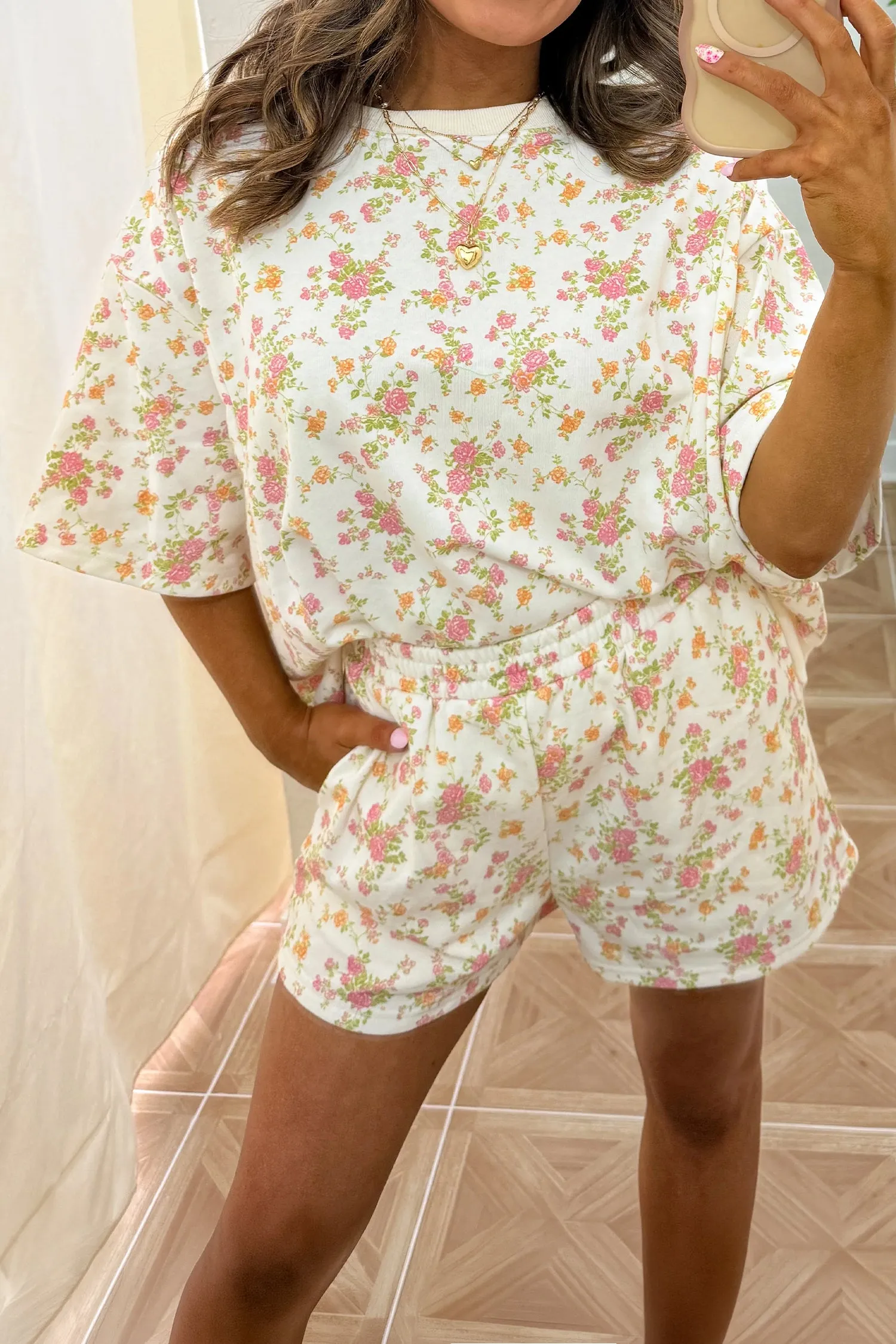 Floral Print Short Sleeve Elastic Waist Pocket Two Piece Set – Sky Blue sold by eAura product image thumbnail 4