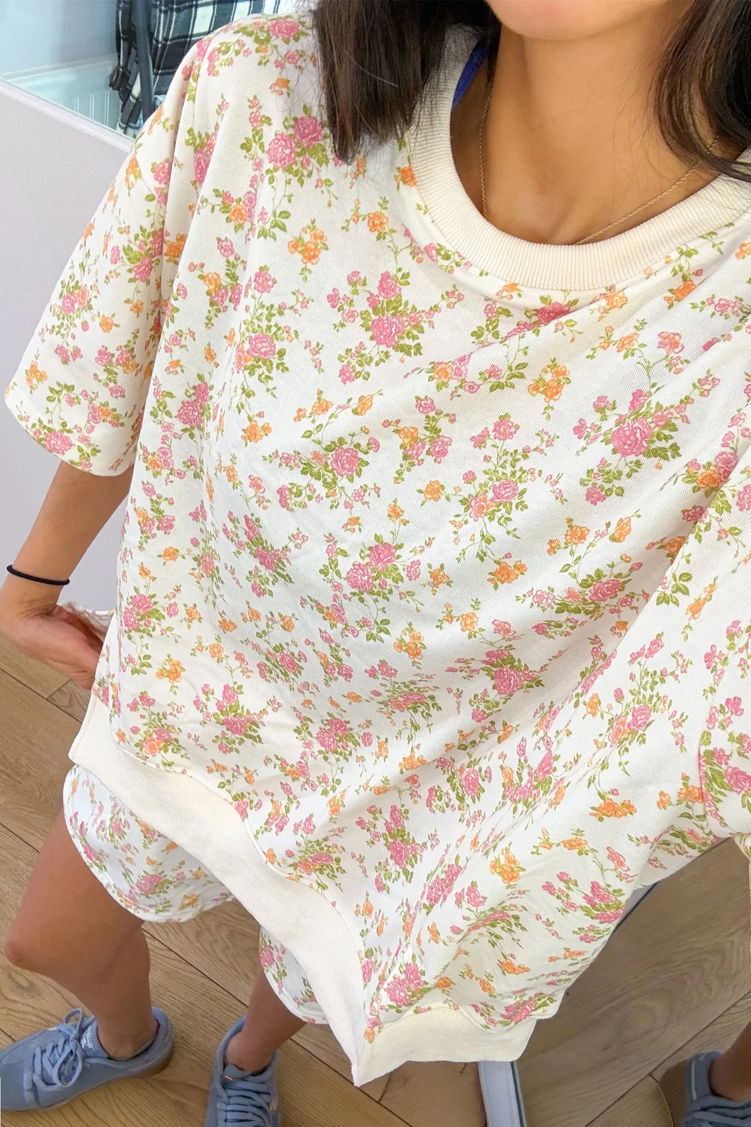 Floral Print Short Sleeve Elastic Waist Pocket Two Piece Set – Sky Blue sold by eAura product image thumbnail 5