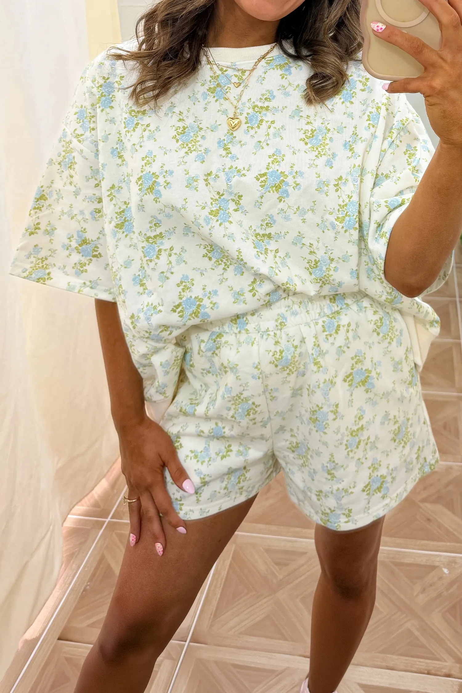 Floral Print Short Sleeve Elastic Waist Pocket Two Piece Set – Sky Blue sold by eAura product image thumbnail 3