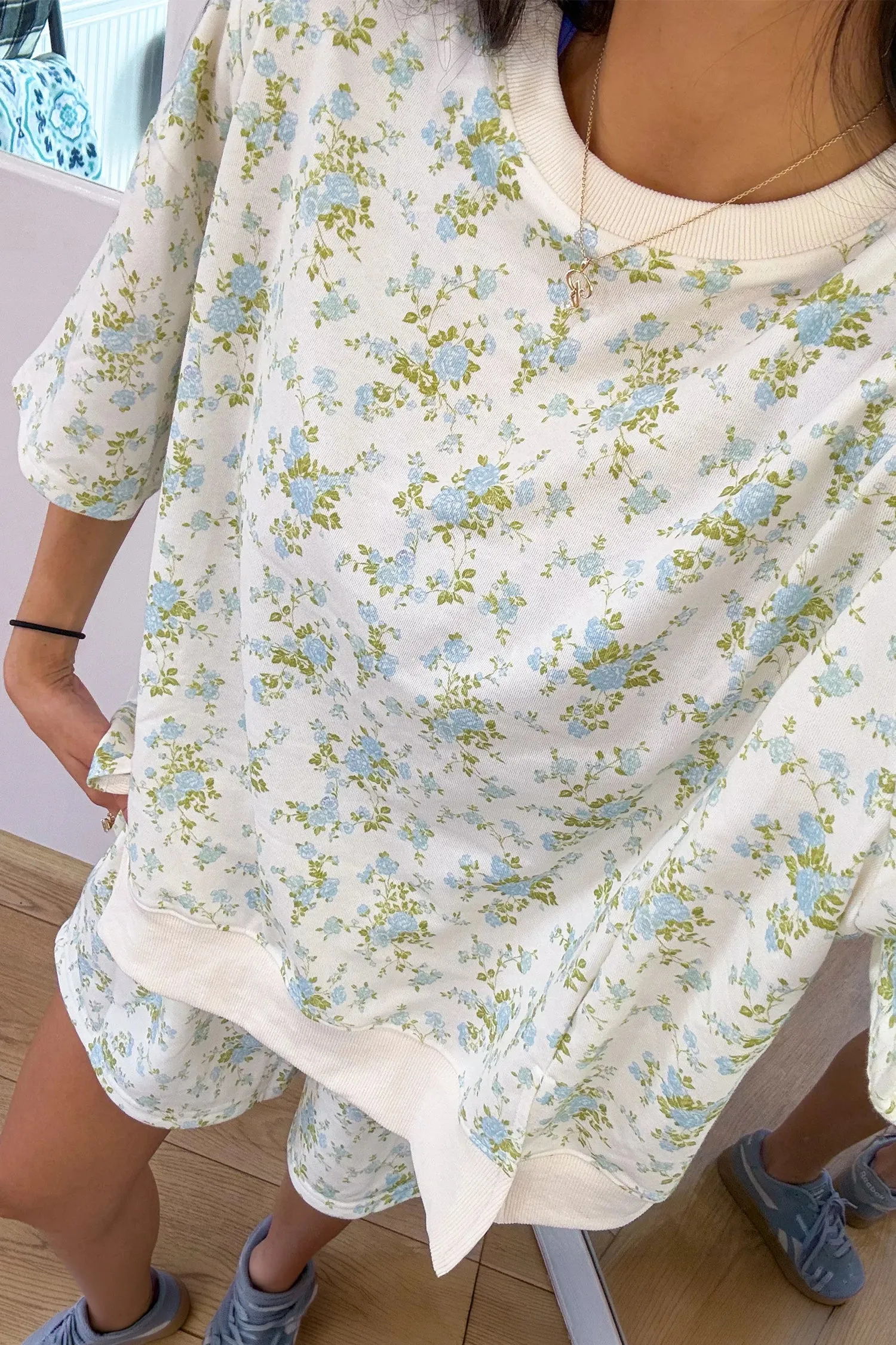 Floral Print Short Sleeve Elastic Waist Pocket Two Piece Set – Sky Blue sold by eAura product image thumbnail 2