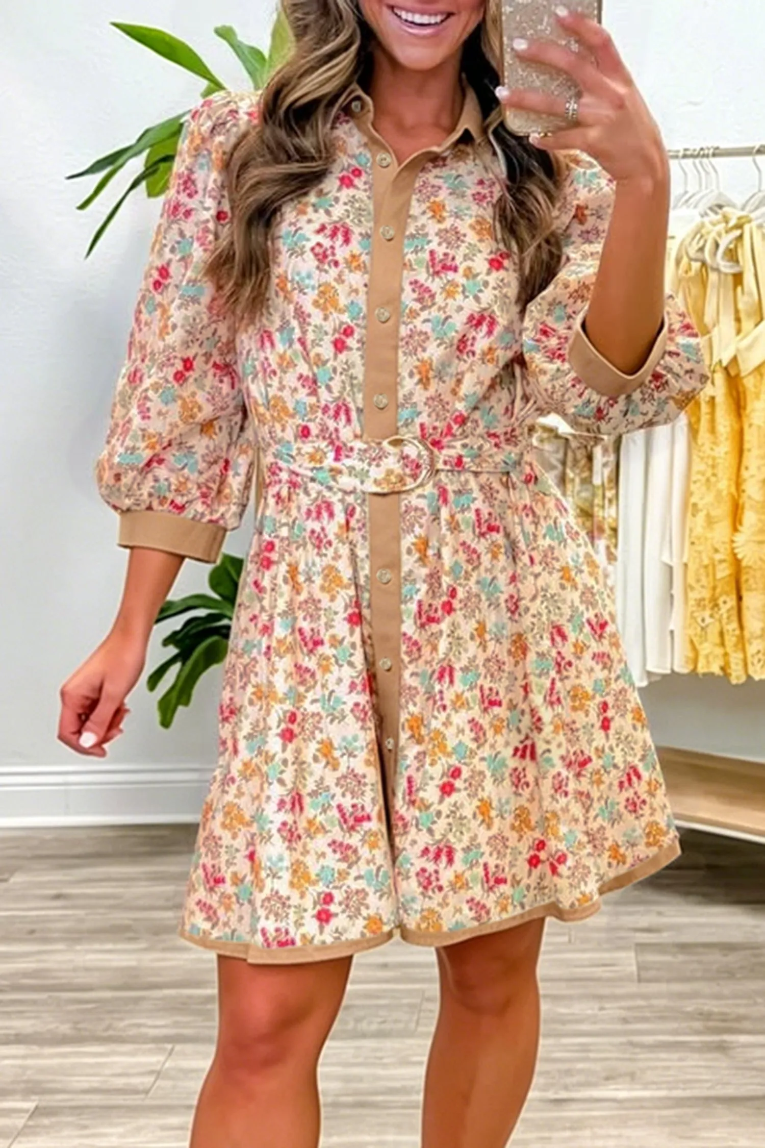 Floral Print Colour Block Trim Button Down 3/4 Sleeve Belted Mini Dress – Orange sold by eAura product image thumbnail 3