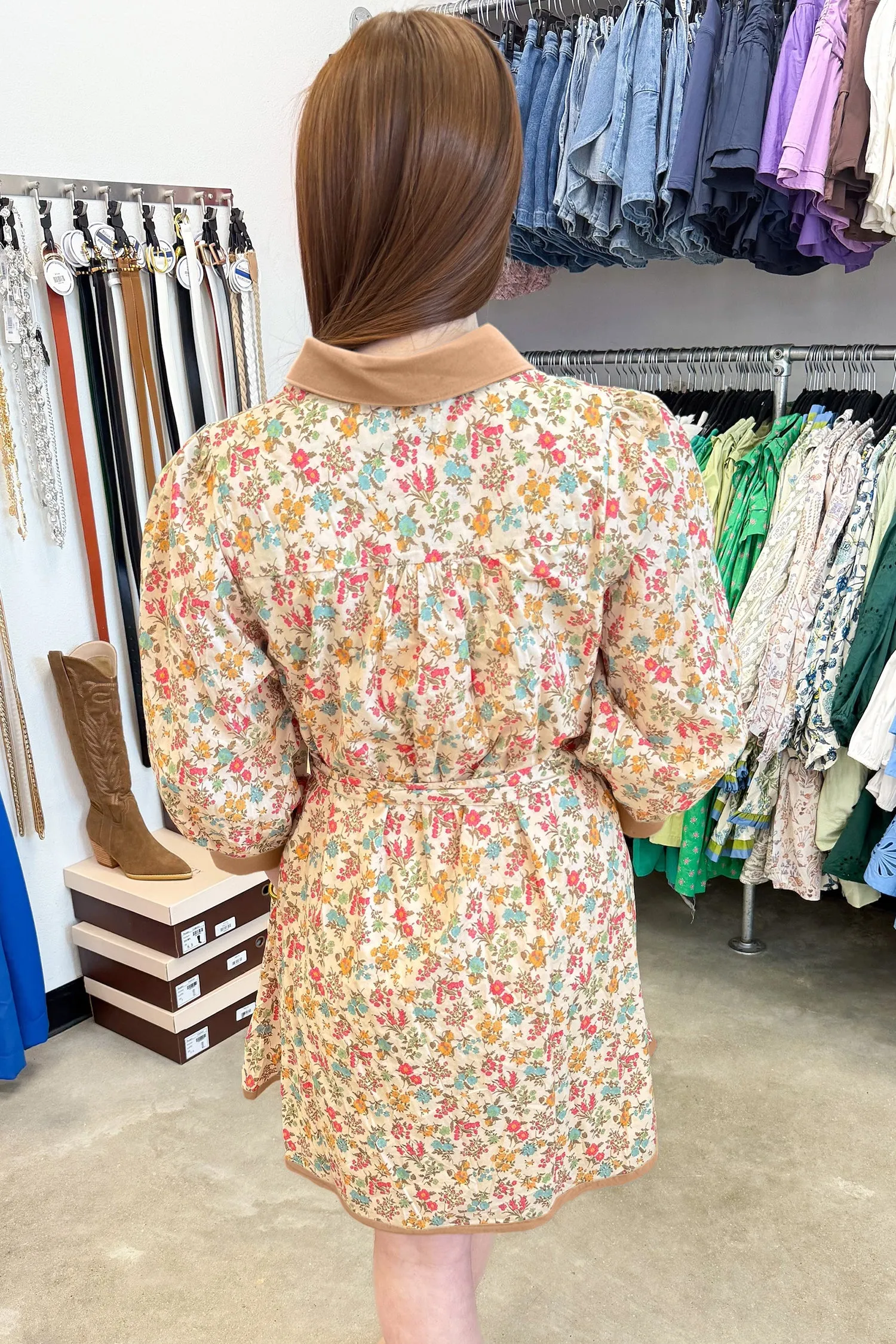 Floral Print Colour Block Trim Button Down 3/4 Sleeve Belted Mini Dress – Orange sold by eAura product image thumbnail 4