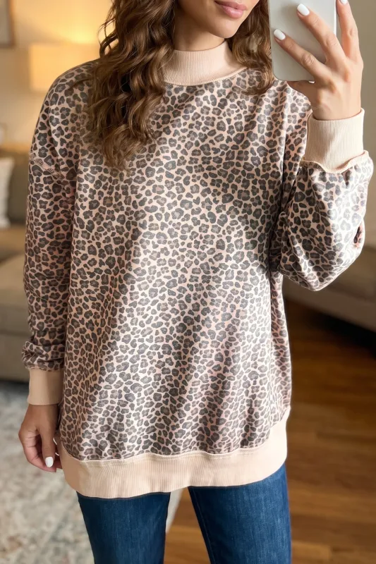 Leopard Print High Neck Long Sleeve Ribbed Cuffs Hem Sweatshirt – Multicolour made by eAura
