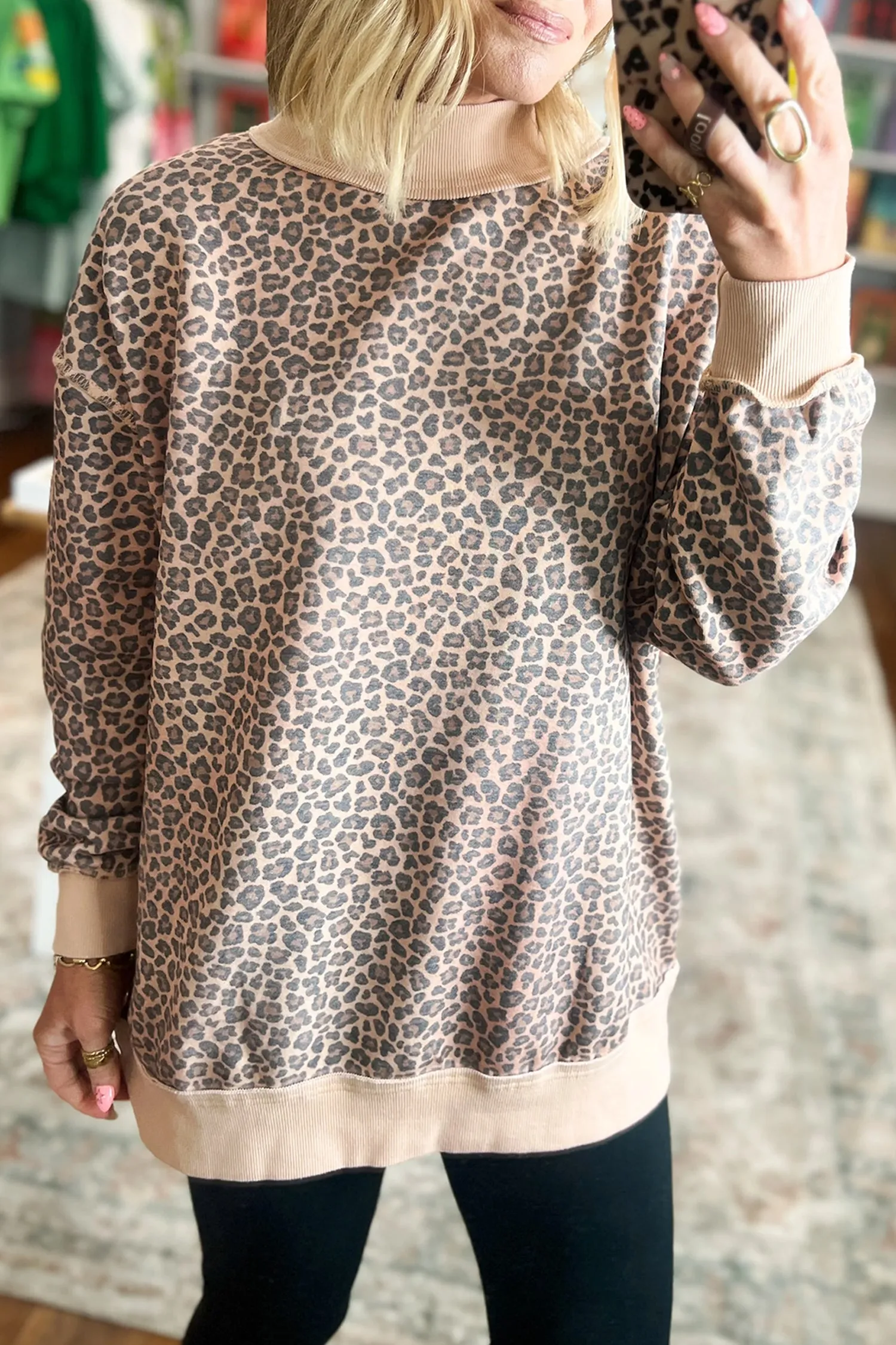 Leopard Print High Neck Long Sleeve Ribbed Cuffs Hem Sweatshirt – Multicolour sold by eAura product image thumbnail 2