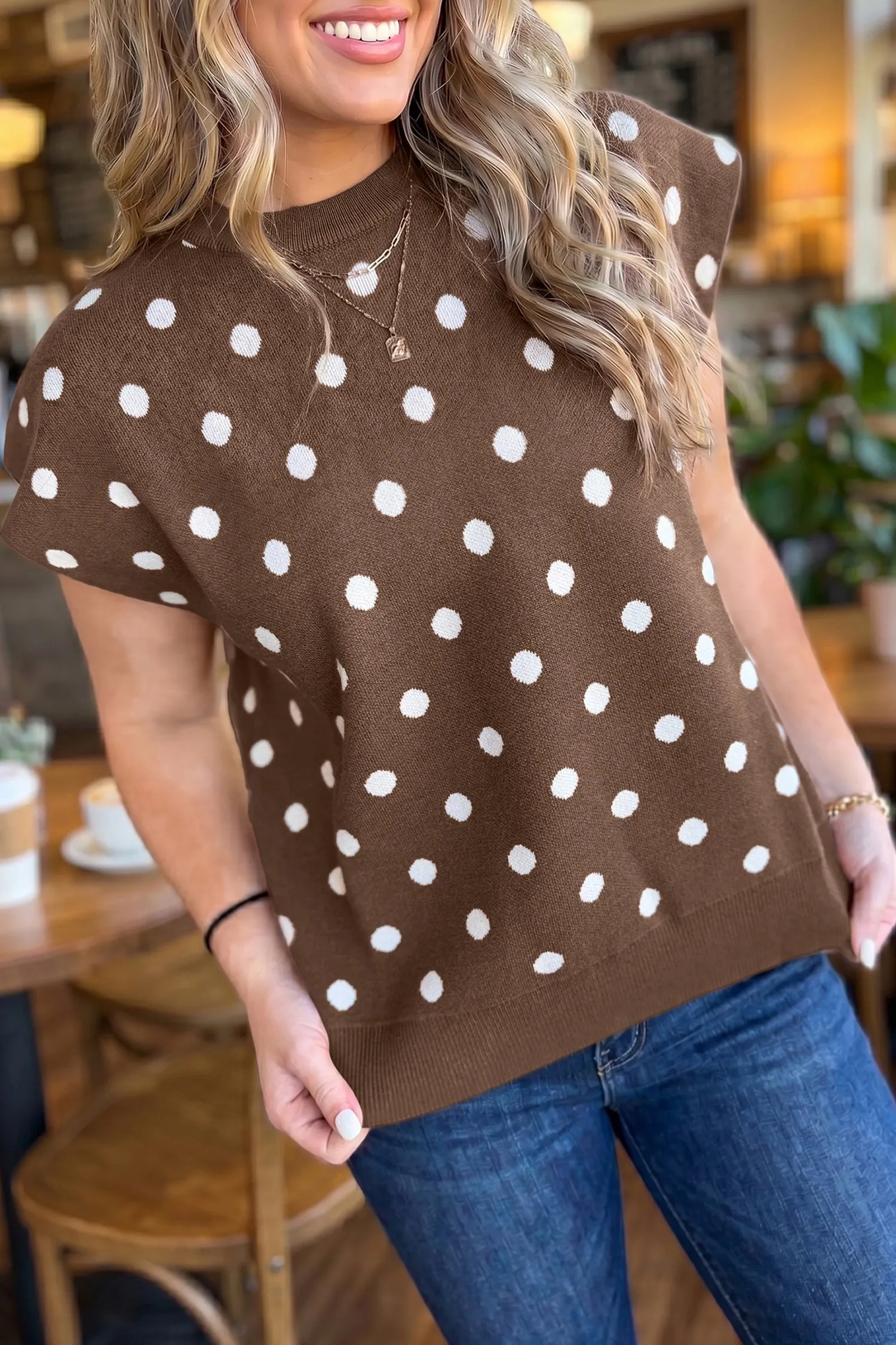 Dolman Short Sleeve Round Neck Polka Dot Sweater – Brown sold by eAura product image thumbnail 2