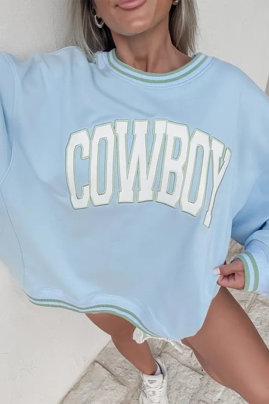 Embroidered Cowboy Letter Print Long Sleeve Round Neck Sweatshirt – Beau Blue made by eAura