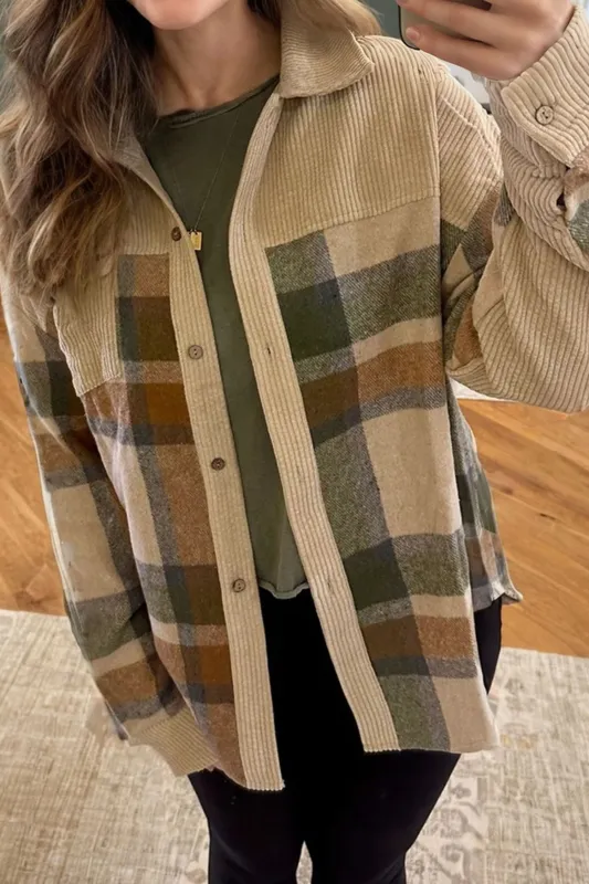 Parchment Retro Plaid Ribbed Patchwork Shacket made by eAura