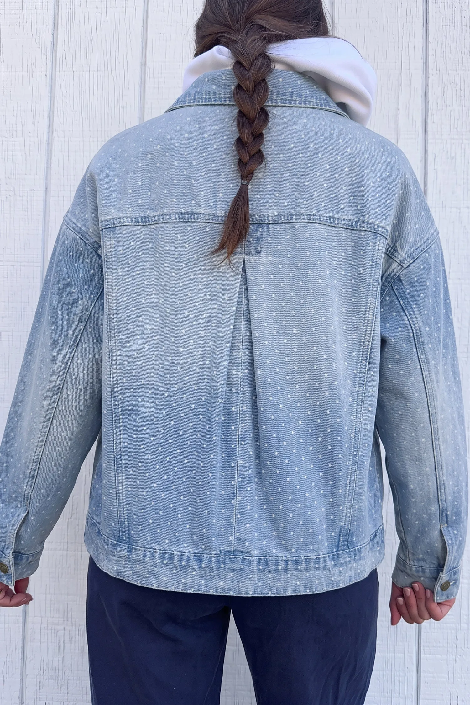 Sky Blue Polka Dot Long Sleeve Collar Pocket Casual Shift Silhouette Denim Jacket – Light Blue sold by eAura product image thumbnail 4