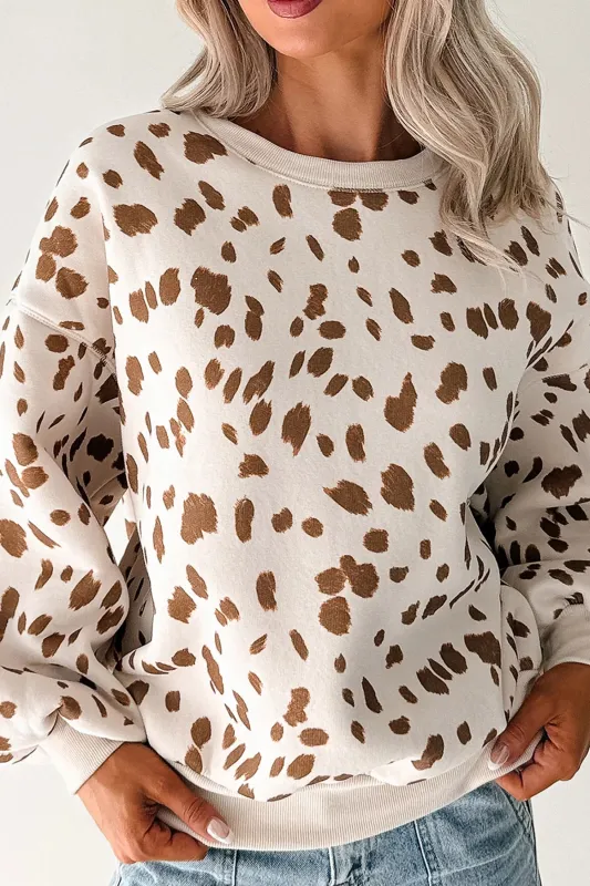 Leopard Print Dropped Shoulder Round Neck Casual Sweatshirt – Brown made by eAura